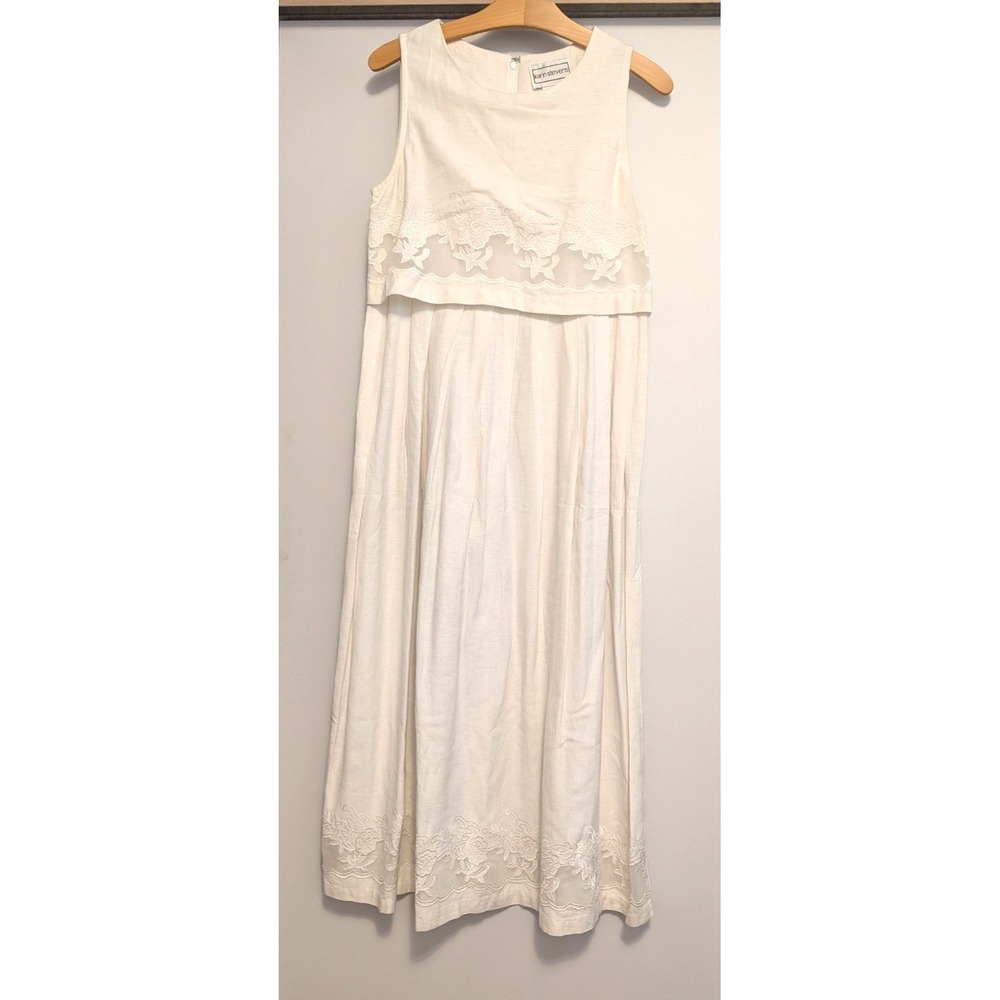 Karin Stevens Linen Blend Sleeveless Embroidered Midi Dress Ivory Women's Medium